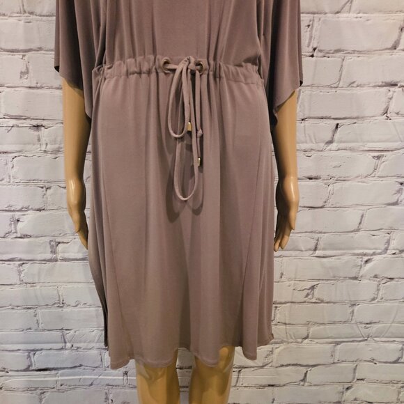 CALVIN KLEIN - Taupe pullover v-neck batwing dress with drawstring waist - Picture 6 of 10
